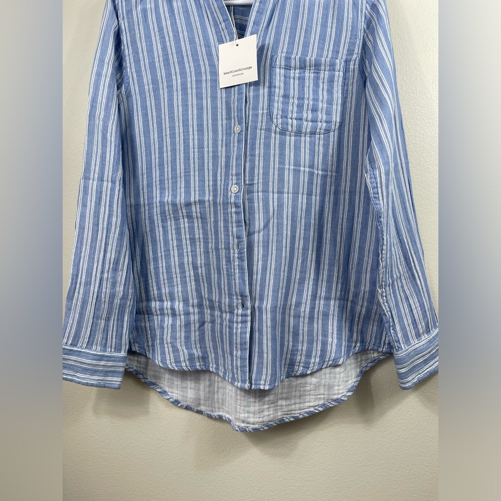 Beach Lunch Lounge Boyfriend Fit Gauze Muslin Blue White Stripes Button UpShirt - Picture 4 of 10
